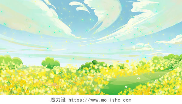 绿色清新春天春季油菜花蓝天白云春天展板背景